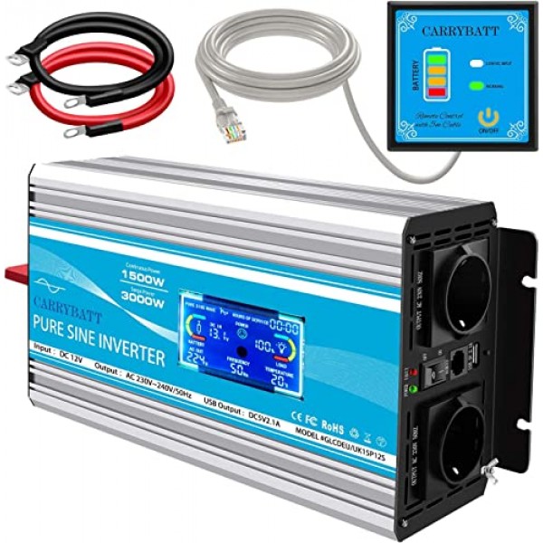 CARRYBATT 1500W 자동차 전압 변환기 순수 사인 12V ~ 230V 자동차, 캐러밴, 캠핑용 EU AC 소켓 2개 및 USB 및 LCD 디스플레이 1개, 5미터 리모컨 포함
