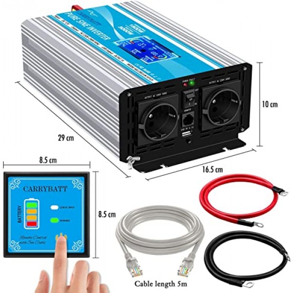 CARRYBATT 1500W 자동차 전압 변환기 순수 사인 12V ~ 230V 자동차, 캐러밴, 캠핑용 EU AC 소켓 2개 및 USB 및 LCD 디스플레이 1개, 5미터 리모컨 포함