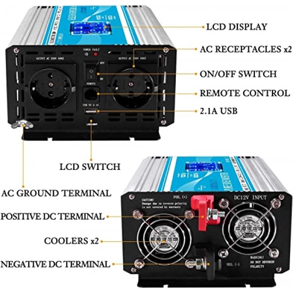 CARRYBATT 1500W 자동차 전압 변환기 순수 사인 12V ~ 230V 자동차, 캐러밴, 캠핑용 EU AC 소켓 2개 및 USB 및 LCD 디스플레이 1개, 5미터 리모컨 포함
