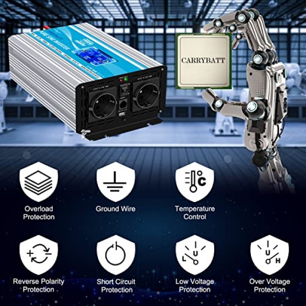 CARRYBATT 1500W 자동차 전압 변환기 순수 사인 12V ~ 230V 자동차, 캐러밴, 캠핑용 EU AC 소켓 2개 및 USB 및 LCD 디스플레이 1개, 5미터 리모컨 포함