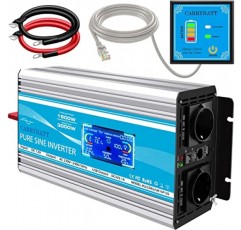 CARRYBATT 1500W 자동차 전압 변환기 순수 사인 12V ~ 230V 자동차, 캐러밴, 캠핑용 EU AC 소켓 2개 및 USB 및 LCD 디스플레이 1개, 5미터 리모컨 포함