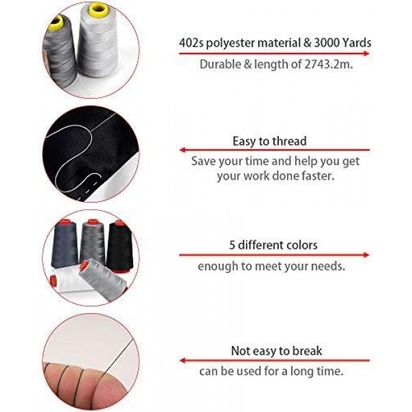 Decareta 5 롤 재봉사 세트 폴리 에스테르 각 롤 3000 야드 재봉틀 스레드 다색 재봉사 자수 스레드 구색 대부분의 재봉틀, 의류, 가죽 용 찢어짐 방지 기계 자수 스레드
