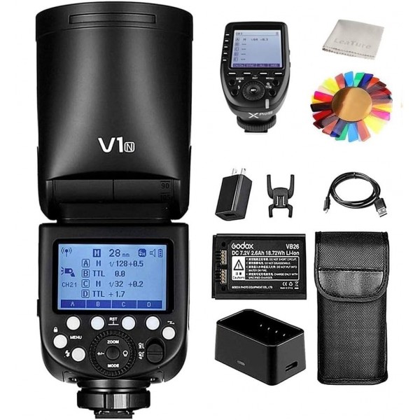 Nikon용 Godox XPro-N 액세서리 키트가 포함된 Godox V1-N 플래시, Nikon과 호환되는 카메라 플래시 스피드라이트 스피드라이트 원형 헤드, 76Ws TTL 2.4G 1/8000s HSS, 10레벨 LED 모델