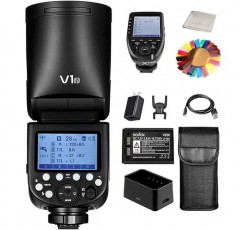 Nikon용 Godox XPro-N 액세서리 키트가 포함된 Godox V1-N 플래시, Nikon과 호환되는 카메라 플래시 스피드라이트 스피드라이트 원형 헤드, 76Ws TTL 2.4G 1/8000s HSS, 10레벨 LED 모델