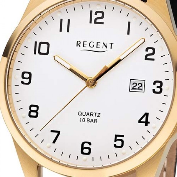 REGENT 남성용 아날로그 쿼츠 시계(가죽 스트랩 포함) 11100300, 블랙 골드, 스트랩.