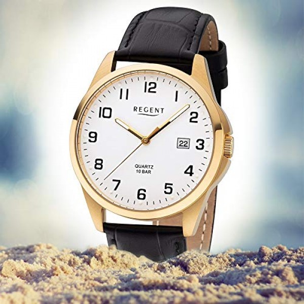 REGENT 남성용 아날로그 쿼츠 시계(가죽 스트랩 포함) 11100300, 블랙 골드, 스트랩.