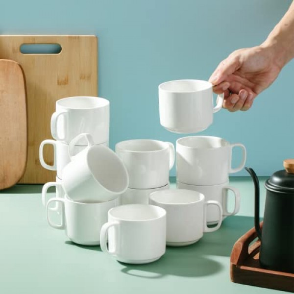 BTaT- 쌓을 수 있는 커피 머그, 흰색, 12팩, 12Oz(350ml), 도자기 커피 머그, 쌓을 수 있는 머그, 쌓을 수 있는 머그, 커피 컵 쌓기 세트, 쌓을 수 있는 커피 머그, 흰색 커피 머