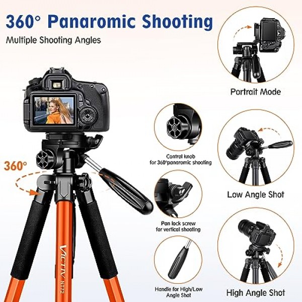 카메라 삼각대, 72인치 카메라 삼각대 스탠드(리모컨 포함), 견고한 비디오용 삼각대, 알루미늄 삼각대 스탠드(가방 포함), Canon Nikon Sony용 완전한 삼각대 유닛, 휴대폰 