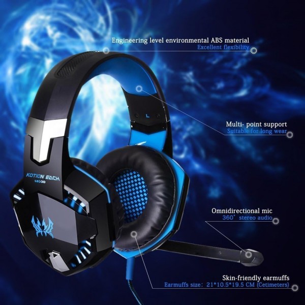 헤드셋 게임용 PC ArkarTech 마이크 헤드폰 게이머 초경량 조정 가능한 베이스 스테레오 볼륨 컨트롤 PC 노트북용 LED 라이트 검정 및 파랑