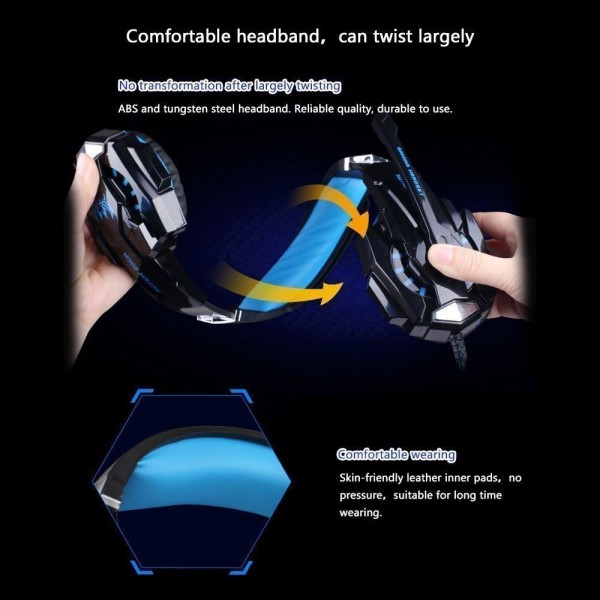 헤드셋 게임용 PC ArkarTech 마이크 헤드폰 게이머 초경량 조정 가능한 베이스 스테레오 볼륨 컨트롤 PC 노트북용 LED 라이트 검정 및 파랑