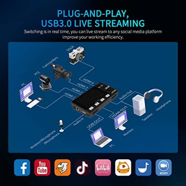 FEELWORLD L2 PLUS 멀티 카메라 비디오 믹서 스위치 5.5인치 LCD 터치 스크린 4 x HDMI 입력 PTZ 제어 크로마 키 USB3.0 라이브 스트리밍