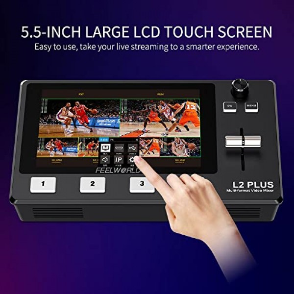 FEELWORLD L2 PLUS 멀티 카메라 비디오 믹서 스위치 5.5인치 LCD 터치 스크린 4 x HDMI 입력 PTZ 제어 크로마 키 USB3.0 라이브 스트리밍