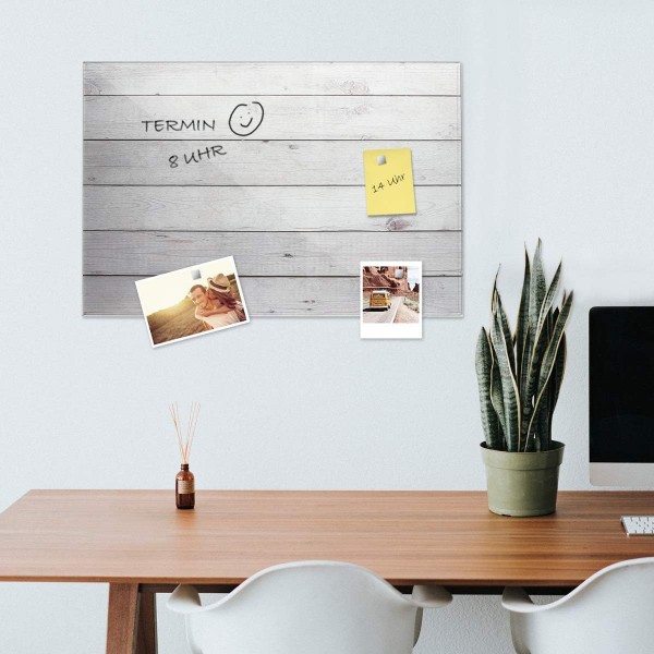 유리로 만든 Navaris 마그네틱 메모 보드 - 필기용 마그네틱 보드 60x40cm - 자석 펜 홀더가 포함된 마그네틱 보드 - 우드 룩 디자인 나무 판자, 60 x 40cm