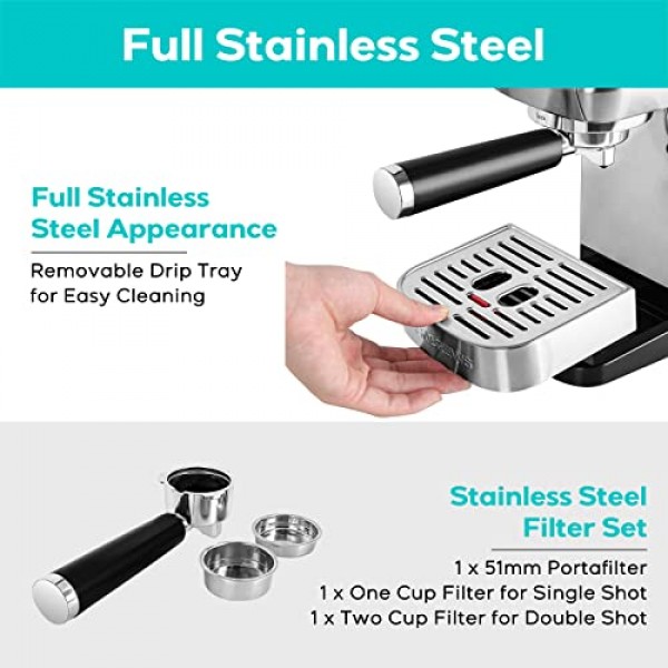 CASABREWS 에스프레소 머신 20바, 전문 에스프레소 메이커 카푸치노 머신(스팀 우유 거품기 포함), 스테인레스 스틸 에스프레소 커피 머신(49oz 탈착식 물 탱크 포함), 아빠