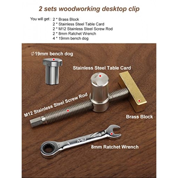 2PCS 3/4 인치 벤치 도그 클램프, 4개의 벤치 도그가 있는 목공 클램프, 2개의 래칫 렌치가 있는 CNC 정밀 가공 벤치 도그, 로우 프로파일 디자인 및 목공 실버에 사용하기 