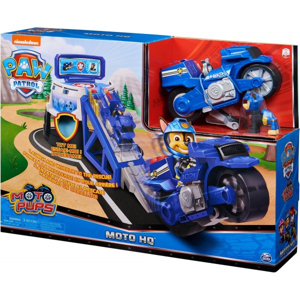 음향 효과가 있는 PAW PATROL Moto Pups HQ Playset 및 오토바이 본사가 있는 독점 체이스 피규어 연령 3세 이상 장난감
