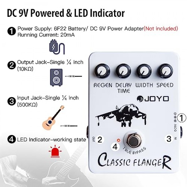 JOYO 플랜저 이펙트 페달은 일렉트릭 기타 이펙트를 위한 금속 플랜저 사운드 및 빠른 떨림 비브라토를 달성합니다 - True Bypass(JF-07)