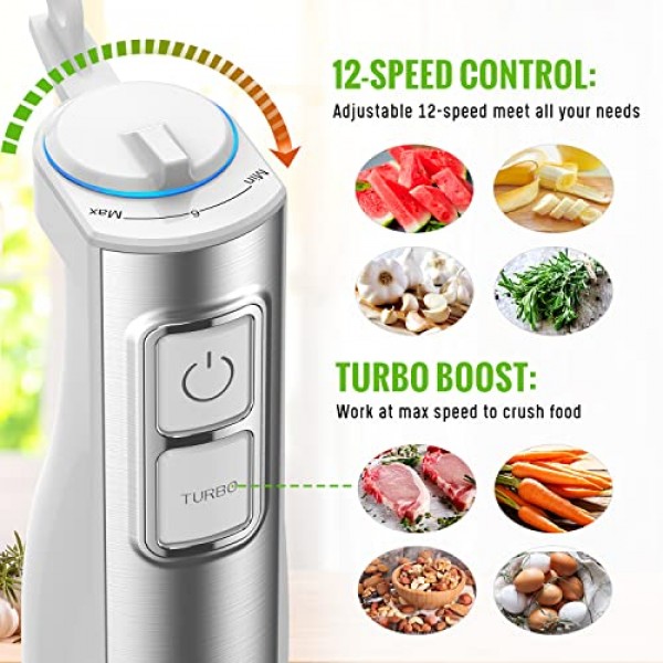 핸드 블렌더, 5-in-1 다용도 이머전 블렌더 세트, 1100W 12단 스틱 블렌더, 600ml 비커, 500ml 푸드 다지기, 달걀 거품기, 우유 거품기 부속품, 흰색