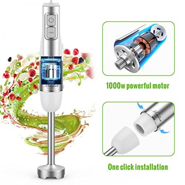 핸드 블렌더, 5-in-1 다용도 이머전 블렌더 세트, 1100W 12단 스틱 블렌더, 600ml 비커, 500ml 푸드 다지기, 달걀 거품기, 우유 거품기 부속품, 흰색