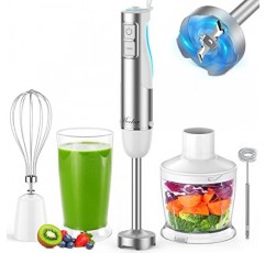 핸드 블렌더, 5-in-1 다용도 이머전 블렌더 세트, 1100W 12단 스틱 블렌더, 600ml 비커, 500ml 푸드 다지기, 달걀 거품기, 우유 거품기 부속품, 흰색