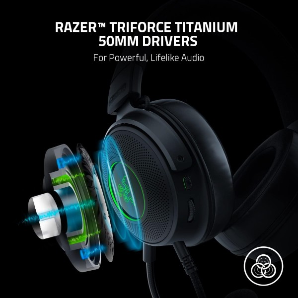 햅틱 기술이 적용된 Razer Kraken V3 HyperSense USB 게임용 헤드셋: Triforce Titanium 50mm 드라이버 하이브리드 패브릭 및 인조 가죽 메모리 폼 쿠션 탈착식 마이크 블랙 Kraken V3 Hyp