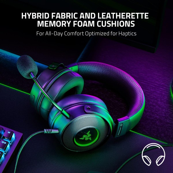 햅틱 기술이 적용된 Razer Kraken V3 HyperSense USB 게임용 헤드셋: Triforce Titanium 50mm 드라이버 하이브리드 패브릭 및 인조 가죽 메모리 폼 쿠션 탈착식 마이크 블랙 Kraken V3 Hyp