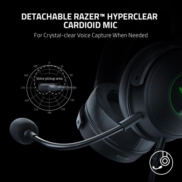 햅틱 기술이 적용된 Razer Kraken V3 HyperSense USB 게임용 헤드셋: Triforce Titanium 50mm 드라이버 하이브리드 패브릭 및 인조 가죽 메모리 폼 쿠션 탈착식 마이크 블랙 Kraken V3 Hyp