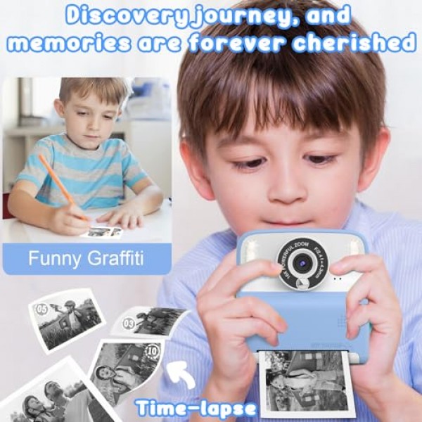 어린이 카메라 즉석 인쇄 사진 소년 소녀를 위한 크리스마스 생일 선물 3-12세 유아용 HD 디지털 비디오 카메라 3 4 5 6 7 8 9세 어린이용 32GB 카드(파란색) 휴대용 장난감