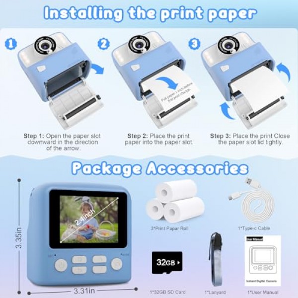 어린이 카메라 즉석 인쇄 사진 소년 소녀를 위한 크리스마스 생일 선물 3-12세 유아용 HD 디지털 비디오 카메라 3 4 5 6 7 8 9세 어린이용 32GB 카드(파란색) 휴대용 장난감