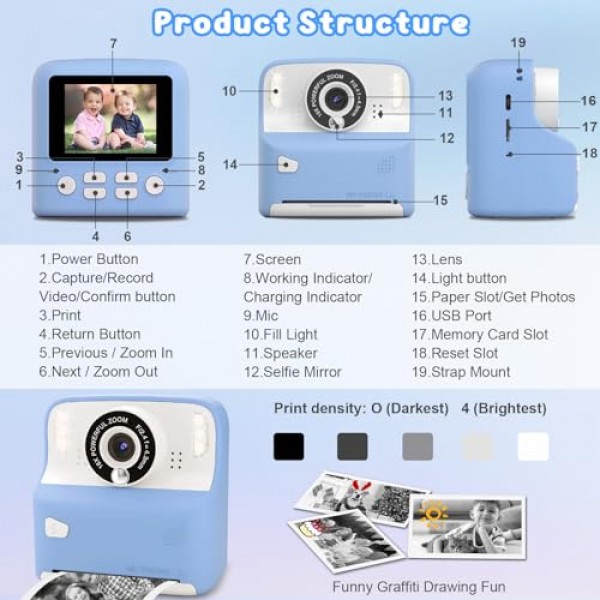 어린이 카메라 즉석 인쇄 사진 소년 소녀를 위한 크리스마스 생일 선물 3-12세 유아용 HD 디지털 비디오 카메라 3 4 5 6 7 8 9세 어린이용 32GB 카드(파란색) 휴대용 장난감