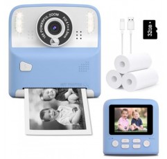 어린이 카메라 즉석 인쇄 사진 소년 소녀를 위한 크리스마스 생일 선물 3-12세 유아용 HD 디지털 비디오 카메라 3 4 5 6 7 8 9세 어린이용 32GB 카드(파란색) 휴대용 장난감