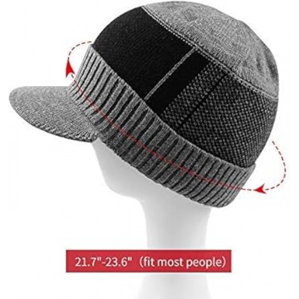 XIAOHAWANG 겨울 남성 모자 니트 케이블 바이저 비니 양털 안감 패치 워크 스트라이프 Newsboy 모자 야외 스포츠