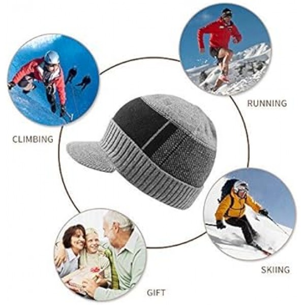 XIAOHAWANG 겨울 남성 모자 니트 케이블 바이저 비니 양털 안감 패치 워크 스트라이프 Newsboy 모자 야외 스포츠