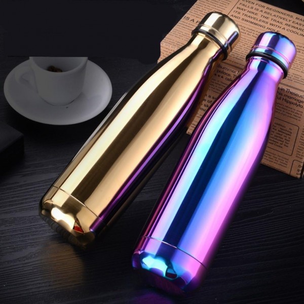 Jpojpo 진공 절연 물병 코팅 다채로운 피크닉 병 스테인레스 스틸 이중 벽 디자인 야외 스포츠 캠핑 하이킹 사이클링 사무실 홈 500ml 보라색 500ml