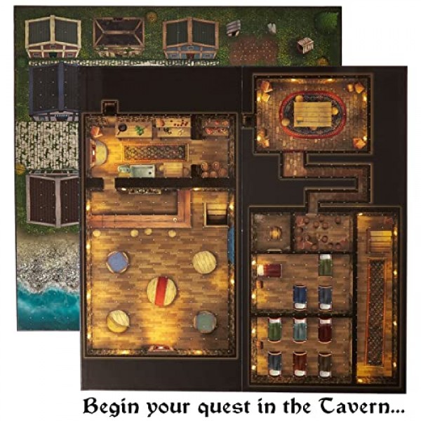 The Master's Atlas: Adventures, 뒤집을 수 있는 게임 보드 4팩 + Necromancer's Tower 스토리 가이드 - 성, 마을, 선술집을 포함한 8개의 사용자 정의 가능한 지도 - GM D&D 탁상용 게임 