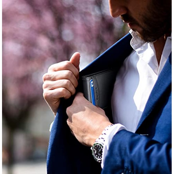 FurArt 남성용 가죽 지갑 소형, RFID 보호 및 머니 클립 포함 블랙, 소가죽 블랙, 모던