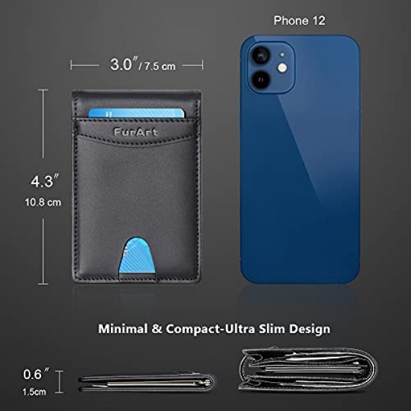 FurArt 남성용 가죽 지갑 소형, RFID 보호 및 머니 클립 포함 블랙, 소가죽 블랙, 모던