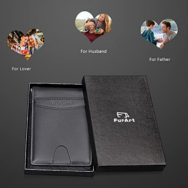 FurArt 남성용 가죽 지갑 소형, RFID 보호 및 머니 클립 포함 블랙, 소가죽 블랙, 모던