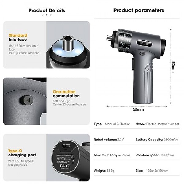 전기 스크루드라이버, LED 조명이 포함된 스크루드라이버 세트, 3.7V 무선 스크루드라이버, 1/4'' 토크 스크루드라이버 비트 S2 강철, 최대 5N.m, 가정용 DIY용 스크루드라이