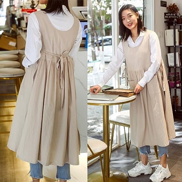 USCHAILIQIANG 여성용 앞치마 포켓 플러스 사이즈, 추가 크기 조정 가능한 요리사 가든 주방 앞치마 코튼 린넨 작업 앞치마
