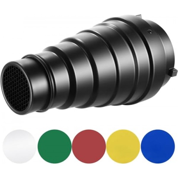 Bowens Mount Strobe Moonlights용 알루미늄 합금 원추형 스튜디오 스누트 키트 5가지 색상 젤 필터 및 벌집 그리드가 포함된 플래시 스피드라이트