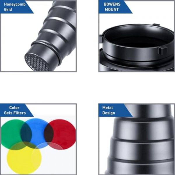 Bowens Mount Strobe Moonlights용 알루미늄 합금 원추형 스튜디오 스누트 키트 5가지 색상 젤 필터 및 벌집 그리드가 포함된 플래시 스피드라이트