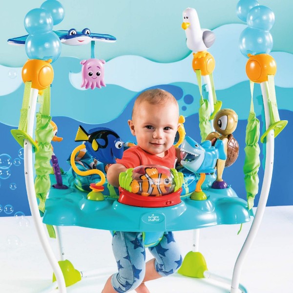Bright Starts, Disney Baby, Nemo Sea of ​​Activities 점퍼 찾기, 13가지 액티비티가 포함된 액티비티 센터, 조명, 음악 및 바다 소리 6개월 이상 및 도어 점퍼 - Bounce 'n Spring Deluxe