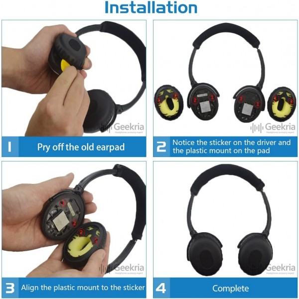 Bose QC3 ON-Ear, QuietComfort 3 헤드폰 이어패드 헤드셋 이어패드 수리 부품(검은색)용 Geekria QuickFit 교체용 단백질 가죽 이어패드