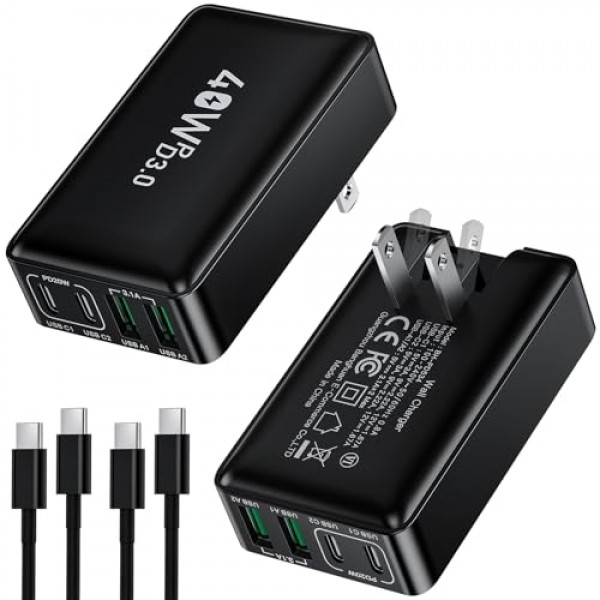 2팩 40W 슬림 평면 USB C 벽면 충전기(USB-C-C 케이블 포함), 4포트 고속 USB C 충전기 블록(접이식 플러그 포함) iPhone 15 14 13 12 Pro Max용 이중 USB C 및 USB A 포트, 삼성 갤럭시-블