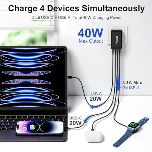 2팩 40W 슬림 평면 USB C 벽면 충전기(USB-C-C 케이블 포함), 4포트 고속 USB C 충전기 블록(접이식 플러그 포함) iPhone 15 14 13 12 Pro Max용 이중 USB C 및 USB A 포트, 삼성 갤럭시-블
