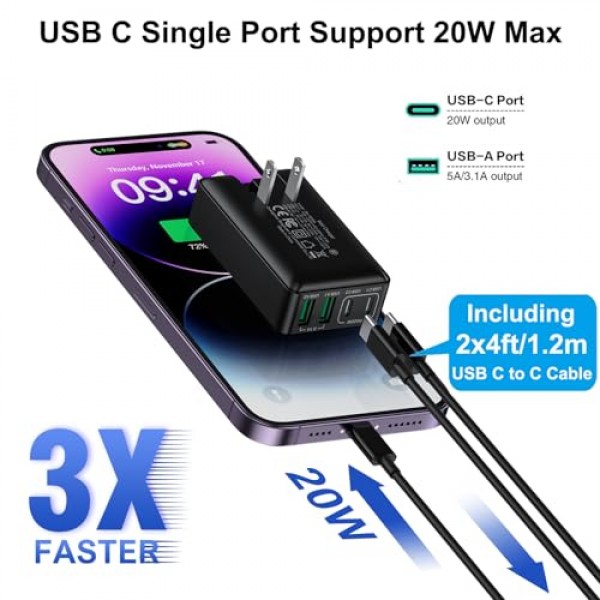 2팩 40W 슬림 평면 USB C 벽면 충전기(USB-C-C 케이블 포함), 4포트 고속 USB C 충전기 블록(접이식 플러그 포함) iPhone 15 14 13 12 Pro Max용 이중 USB C 및 USB A 포트, 삼성 갤럭시-블