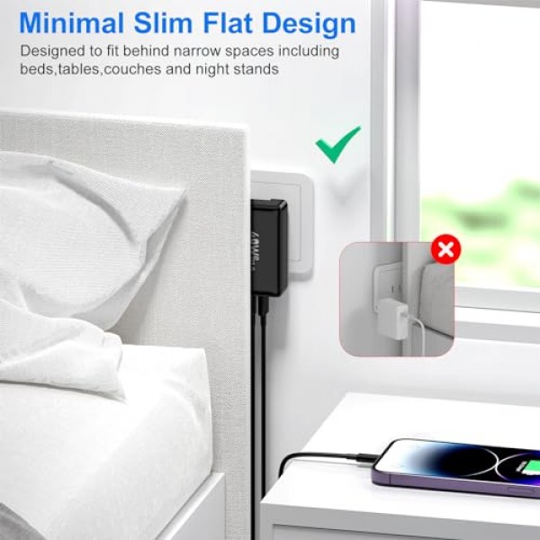 2팩 40W 슬림 평면 USB C 벽면 충전기(USB-C-C 케이블 포함), 4포트 고속 USB C 충전기 블록(접이식 플러그 포함) iPhone 15 14 13 12 Pro Max용 이중 USB C 및 USB A 포트, 삼성 갤럭시-블