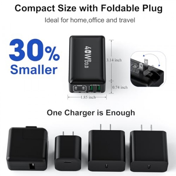 2팩 40W 슬림 평면 USB C 벽면 충전기(USB-C-C 케이블 포함), 4포트 고속 USB C 충전기 블록(접이식 플러그 포함) iPhone 15 14 13 12 Pro Max용 이중 USB C 및 USB A 포트, 삼성 갤럭시-블