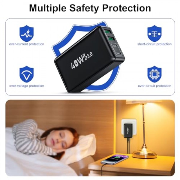 2팩 40W 슬림 평면 USB C 벽면 충전기(USB-C-C 케이블 포함), 4포트 고속 USB C 충전기 블록(접이식 플러그 포함) iPhone 15 14 13 12 Pro Max용 이중 USB C 및 USB A 포트, 삼성 갤럭시-블